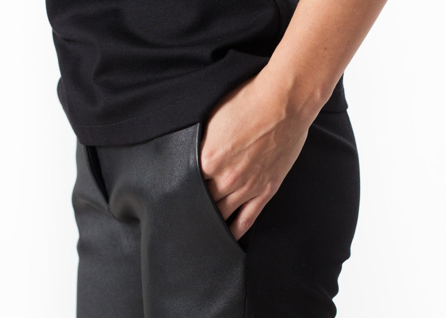 Leather Panel Trouser in Black - women's pants - Ethnicyug Hache